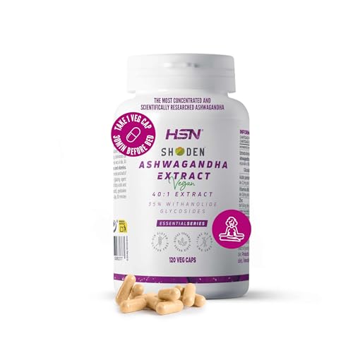 HSN Extracto Ashwagandha Shoden (40:1) 240mg/día (84mg Glicósidos de withanólido) | 120 Cápsulas Vegetales | 9600mg equivalencia de raíz y hoja Withania somnifera | No-GMO, Vegano, Sin Gluten