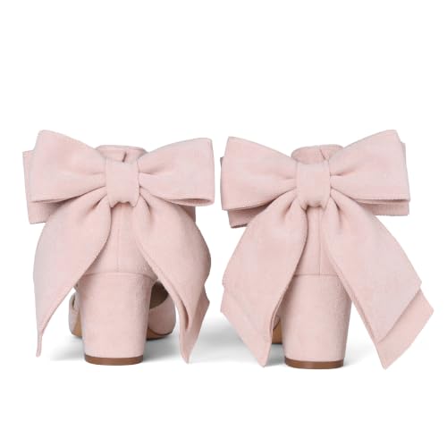 Yremael Women's Pink Bow Heels Pointed Toe Pumps Ankle Strap Chunky Block Kitten Heel Dress Shoes - image 6