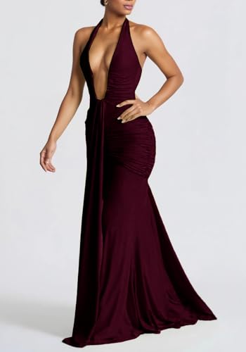 SHINFY Women Summer Halter Maxi Dress Ruched Bodycon V Neck Formal Cocktail Party Evening Dress3