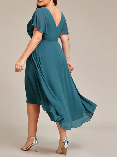 Image of Ever-Pretty Plus Summer Short Sleeves V-Neck Formal Wedding Guest Dresses for Curvy Women Chiffon Midi Cocktail Party Dress