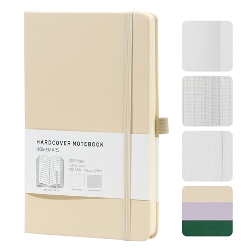 HOMEMARS Notizbuch, Notebook, 21cm*14.5cm, Notizbuch Blanko A5, Journal buch, Reisetagebuch, Skizzenbuch, Blanko Papier,Notizblock, Notizbücher a5, 100GSM, 200 Pages, Leder Hardcover，Lvory