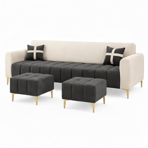 Image of Melody 3 Seater Modular L Shape Sofa Set with 2 Ottoman | Soft Velvet Upholstery, Sturdy Wooden Frame | Modern Sofa for Living Room, Hall & Office Spaces (Cream-Dark Grey)