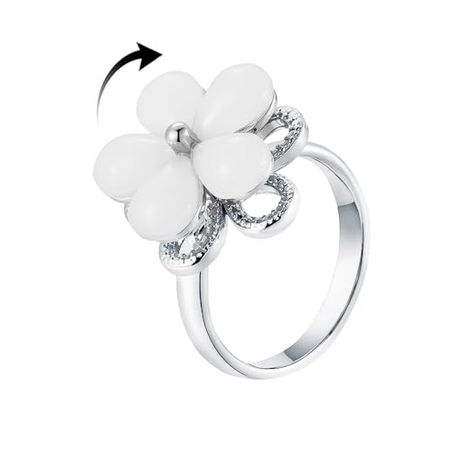 Rotating Flower Fidget Anxiety Rings for Women Elegant Cat Eye Floral Adjustable Spinner Ring for Anxiety Relieving Stress Wedding Engagement Anniversary Open Band Anti Rotatable Jewelry