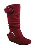 TZ Zone-38 Women's Closed Round Toe Flat Heel Buckle Slouchy Mid-Calf Casual Boots (Burgundy, 10)