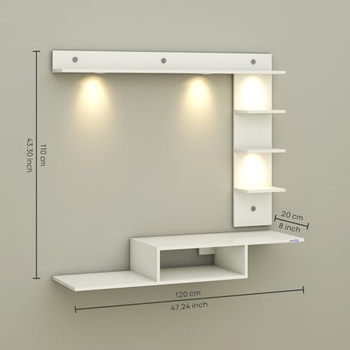 Image of Wintor Engineered Wood Wall Mounted TV Unit with 4 LED Lights, 3 Open Shelves, 1 Storage Box & Decorative Display Shelf for Living Room | Ideal for Upto 43 Inch TV- White(DIY Assembly)