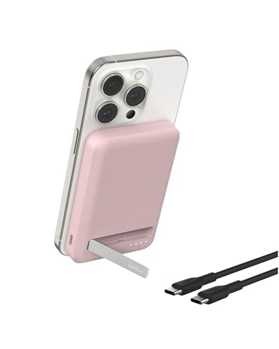 Belkin BoostCharge Pro Batería Externa Inalámbrica de 5000mAh con Qi2, Cargador portátil Compatible con MagSafe + Soporte Caballete, batería portatil para Phone 16, iPhone 15, 14, 13 y Otros, Rosa