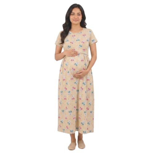 Image of Zero Clothing Feeding Dress for New Moms Casual Loungewear Ankle Length | Cotton Maternity Nighty | Zipless Feeding Dresses for Women | Pregnancy & Nursing Wear
