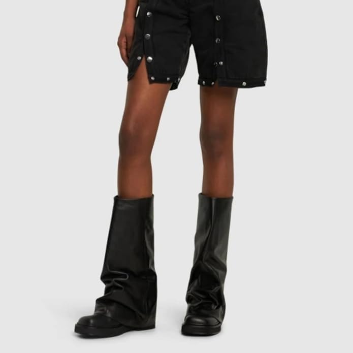 Women Slouchy Knee High Boots Casual Round Toe Pull On Riding Biker Boots Fold Over Chunky Low Heel Platform Boot3