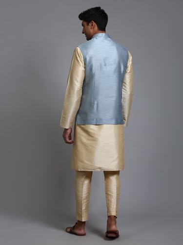 Image of VM Men's Grey And Cream Silk Blend Jacket, Kurta and Pyjama Set