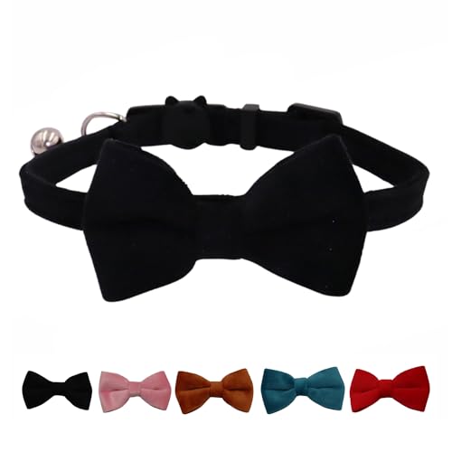 WDPAWS Cat Collar Breakaway with Bell and Removable Bow Tie Safety Buckle Velvet Adjustable 7-11 inches for Kitten Cats (Black)