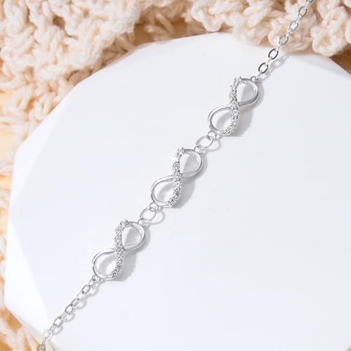 SISGEM 10k White Gold Three Infinity Bracelet for Women, 10 kt Gold Created Moissanite Love Wrist Jewelry Gifts for Wife, Present for Her, 6.2-7.8 Inches2