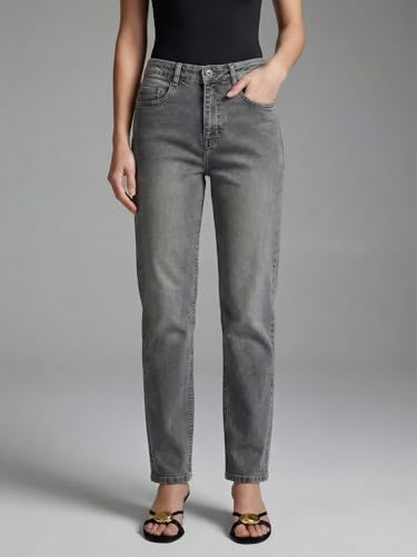 Image of Urbano Fashion Women's High Rise Straight Fit Washed Jeans Non-Stretchable