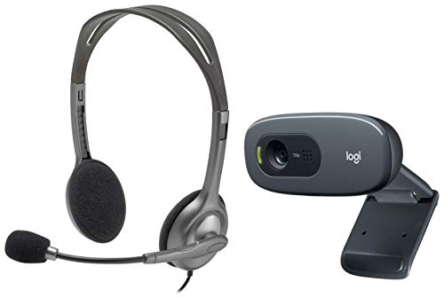 Image of Logitech C270 Hd Webcam - Black with H110 Wired Headset, Stereo Headphones - Grey - Over Ear