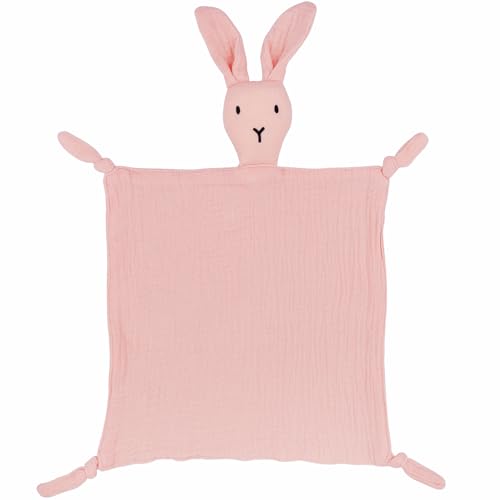 FenFang Doudou Neonato Mussola in Cotone, Peluche Doudou Copertina, Coperta Coccole di Sicurezza Conforto Bambini, Straccetto Duoduo Consolatore Gioco Culla Neonati Regali Utili (Coniglietto Rosa)