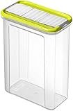 Rotho Domino Vorratsdose 1,5l mit Deckel und Schüttvorrichtung, Kunststoff (PP) BPA-frei, transparent/grün, 1,5l (16,5 x 9,0 x 19,5 cm)