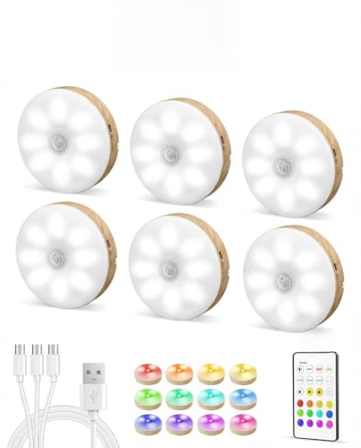 Image of EZVALO Under Cabinet Lighting, 1000mAh Rechargeable Puck Lights with Remote, 3 Color Temps & 12 RGB Motion Sensor Closet Lights Indoor, Dimmable Under Counter Lights for Kitchen (Wood Grain, 6 Packs)