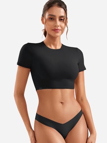 VOYJOY Womens Double Lined Fitted Short Sleeve Crop Tops Crew Neck Casual Workout T Shirts Cute Basic Tee2