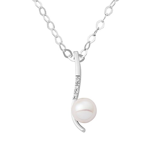 MIORE Bijoux pour Femmes Collier avec Pendentif Perle d'eau douce blanche 6.5mm et Diamants 0.23 Ct Chaîne en Or Blanc 18 Carats / 750 Or