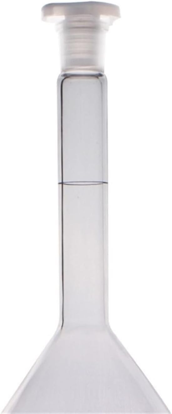 Matraccio volumetrico in Vetro Trasparente da 50 ml con Tappo in plastica Classe A, Vetro borosilicato Alto, Collo di Bottiglia Sottile, Fondo Piatto, vetreria da Laboratorio per Chimica, co