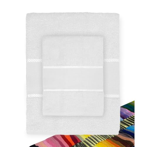 Tex Family - Juego toallas 100% algodón con tela Aida para bordar en Punto Cruz - 1 toalla de tocador + 1 de lavabo – Color blanco