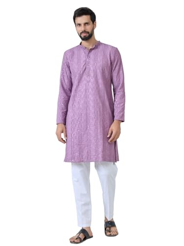 Image of See Designs Men's Full Sleeve Mandarin Collar Sequins Embroidered Straight Long Kurta - Festive Collection