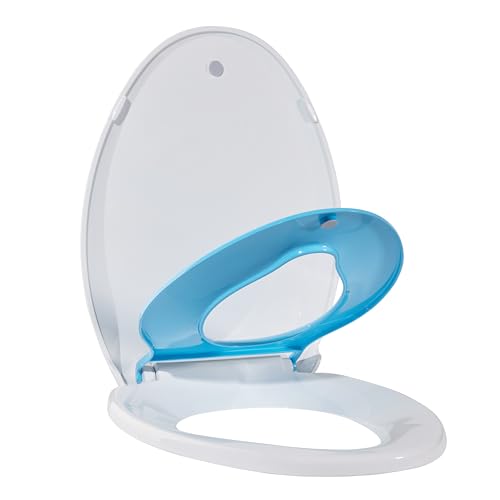Toilet Seat, Elongated Toilet Seat with Toddler Seat Built in, Potty Training Toilet Seat Elongated Fits Both Adult and Child, with Slow Close and Magnets- Elongated White and Blue