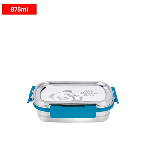 Image of PDDFALCON Stainless Steel Recta Munchy with Panda Print with 100% Leak-Proof, BIS Certified, Jindal Seal & Made in India Lunch Box - 875ml (Recta Munchy Turkish Blue, 875ml)