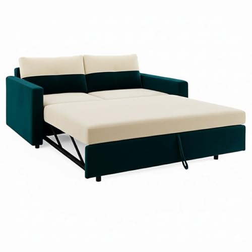 Image of SOCOZI Enrique 2-Seater Pull-Out Sofa Cum Bed | Soft Velvet Suede Fabric, Convertible Sofa Bed for Bedroom (Green Teal-Cream)