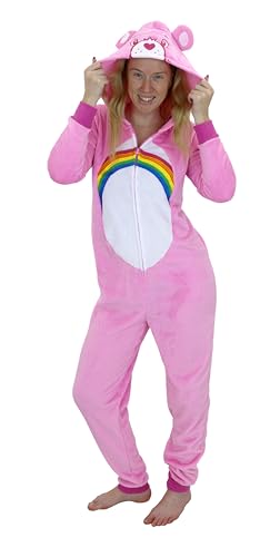 Care Bears Hooded Union Suit Pajamas for Women, Cheer Bear One Piece Fleece Pjs, Costume Pajamas, M Pink