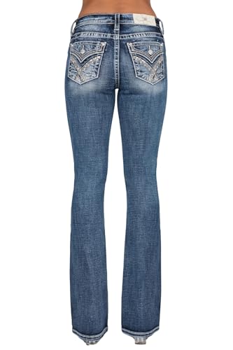 Miss Me Women's Mid-Rise Crossed Bands Embellished Faux Flap Pocket Slim Boot Jeans