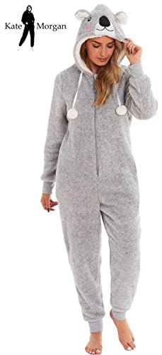 KATE MORGAN Ladies Onesie Cosy Hooded Onesies for Women Soft Comfy Fleece Pyjamas Nightwear for Women Fluffy Fleece Onesie Lounge Wear Gifts for Her
