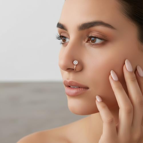 Image of Nilu's Collection Rose Gold American Diamond Non Piercing Nose Pin for Women | Elegant Flower Nose Stud | Minimal Clip-On Nose pin | Anti-Allergy | Anti-Tarnish | Office Wear | Daily Wear | office Wear | Non Piercing