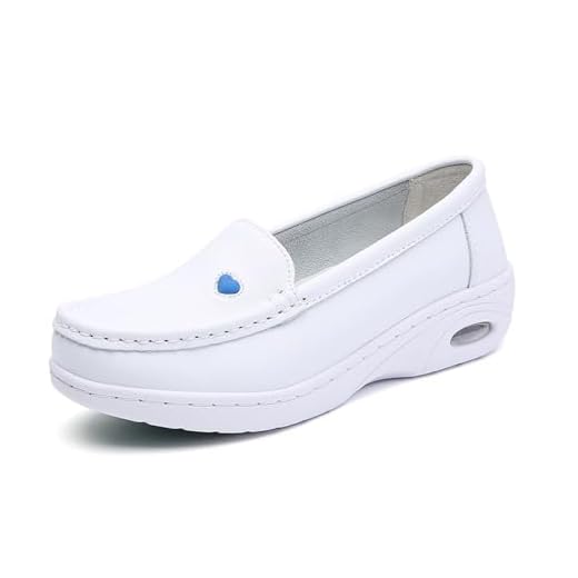 Sapatos De Enfermagem Ortopédicos Antiderrapantes Com Almofada De Ar Slip-on Femininos, Tênis Casual Couro Confortável Com Plataforma, Para Enfermeiros Hospitais(White blue,38 EU)
