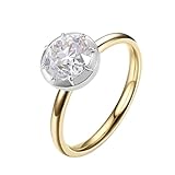 Tolldek Anillo de compromiso de oro amarillo Au 375/585/750, anillo de compromiso clásico con corte redondo de 1/2/3 ct moissanita, 9 K/14 K/18 K, sin alergias, Oro de 9 quilates, Moissanita