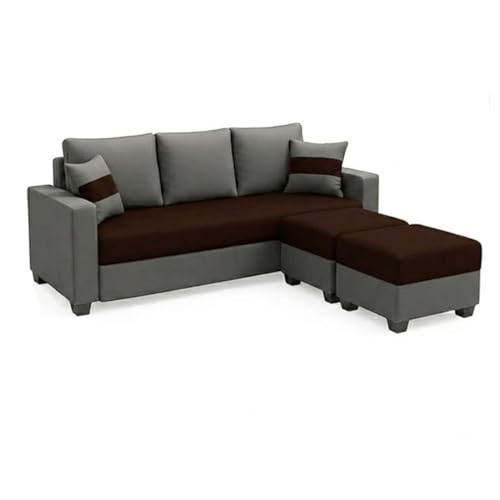 Image of FURNY Aura 3 Seater Modular Fabric Sofa Set with 2 Ottomans (Dark Brown-Dark Grey) | 5-Person Seating with Premium Velvet Finish | Ideal for Living Room