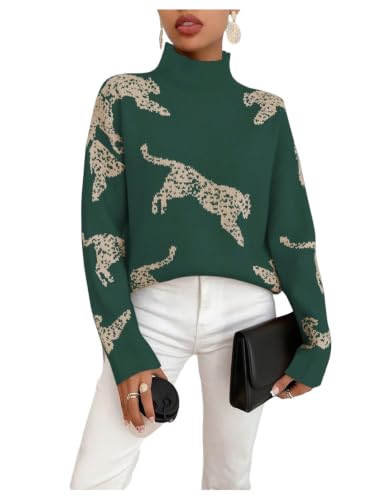 Image of WDIRARA Women's Leopard Tiger Print Sweater High Neck Long Sleeve Fuzzy Knitted Pullover Top