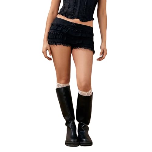 Felcia Women Ruffle Frill Shorts Elegant Elastic Waist Lace Mini Shorts Lolita Layered Bloomers Y2k Streetwear (C-Black, S)
