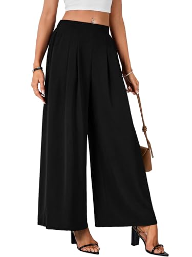 Vrtige Women's Elastic High Waisted Long Palazzo Pants Wide Leg Loose Office Casual Trousers with Pockets4