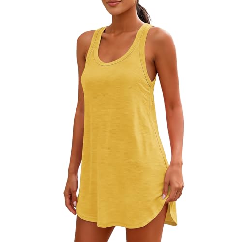 Generisch Vestido de verano informal con tirantes delgados para mujer, vestido de playa fluido, con bolsillos, diseño cómodo, dorado, XXL