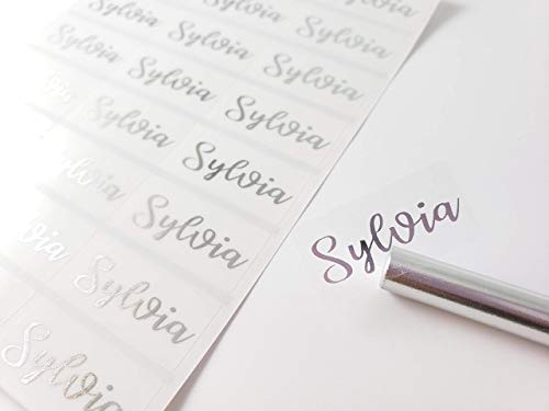72 Medium SILVER INK on Clear Transparent -Waterproof Name Stickers- Daycare Labels- School Labels