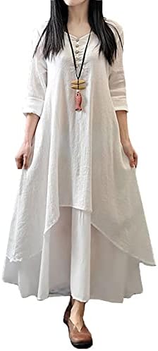 Versear Women Casual Loose Boho Maxi Dress V Neck Long Sleeves Irregular Hem Flowy Layered Swing Tunic Kaftan Dress with Pockets