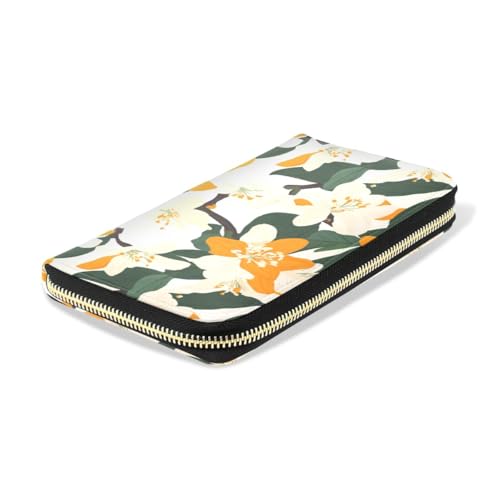 Long Wallets Leather Bifold Wallet for Women White Orange Flower with Zipper Credit Card Holder Large Capacity4