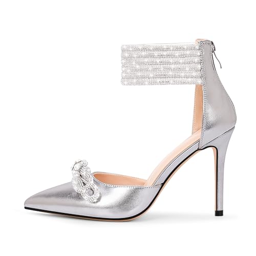 100FIXEO Women's Sexy Rhinestone Bow High Heeled Pumps Pointed Toe Ankle Strap Stiletto Heel Wedding Dress Shoes4