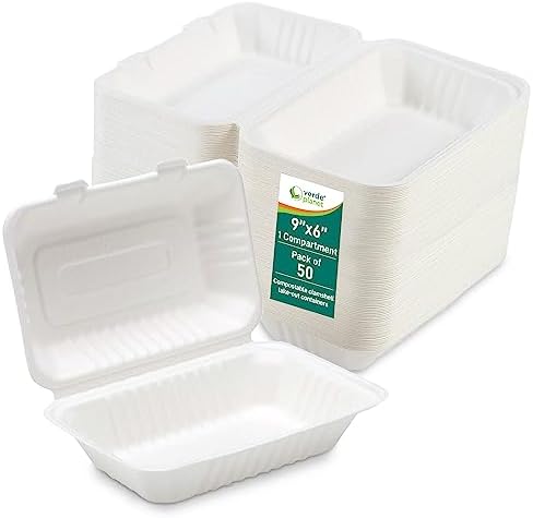 Verde Planet Clamshell Take Out Containers - 100% Natural Bagasse Sugarcane Fiber - Disposable Food Containers with Hinge Lids - Heavy-Duty To Go Boxes for Food - (9" X 6", 1-Compartment, 50-Pack)