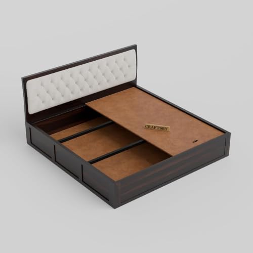 Image of Solid Sheesham Wood King Size Bed with Box Storage | White Upholstered Cushion Headboard | Wooden Double Bed for Bedroom | Palang /Cot /Mancham, Walnut Finish