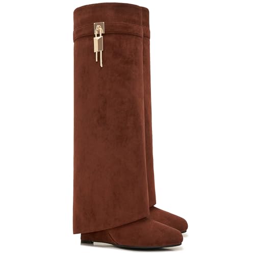 Image of Fold Over Boots for Women Pointy Pull-on Wedge Heel Knee Shark Boot With Side Zipper Padlock Design