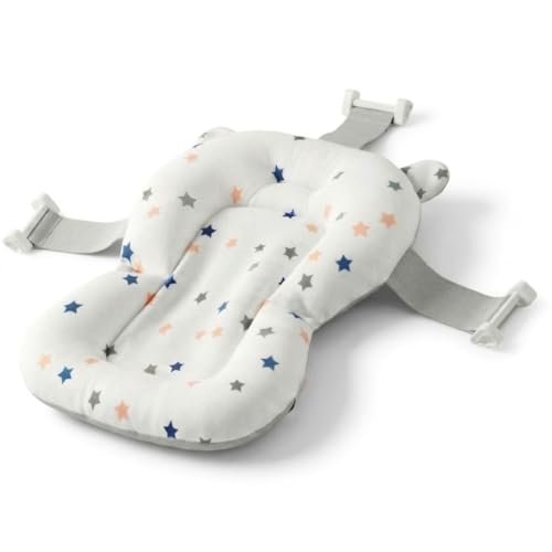 Cojín para Bañera de Bebé – Asiento Ergonómico Ajustable y Portátil con Malla Antideslizante, Almohada Reductora, Hamaca de Ducha con Diseño de Estrellas (Blanco)