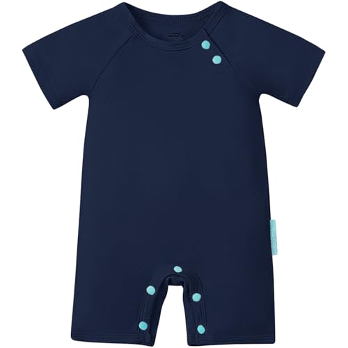 SuperSoft Short Sleeve Baby Romper, Unisex Bamboo Viscose One-piece Summer Pajamas, Boy Girl Footless Jumpsuit Snap Closure Midnight 3-6 Months