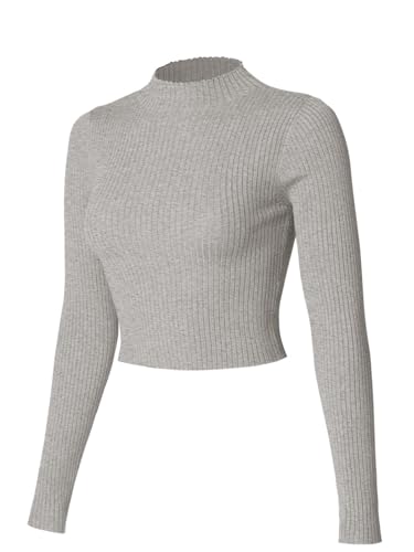 Image of MixMatchy Women's Basic Long Sleeve Mock Neck Ribbed Sweater Fitted Crop Knit Pullover Tops