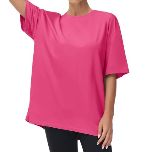 THE GYM PEOPLE Women's Casual Oversized T-Shirts Summer Crewneck Short Sleeve Workout Basic Tee Tops X-Large Bright Pink